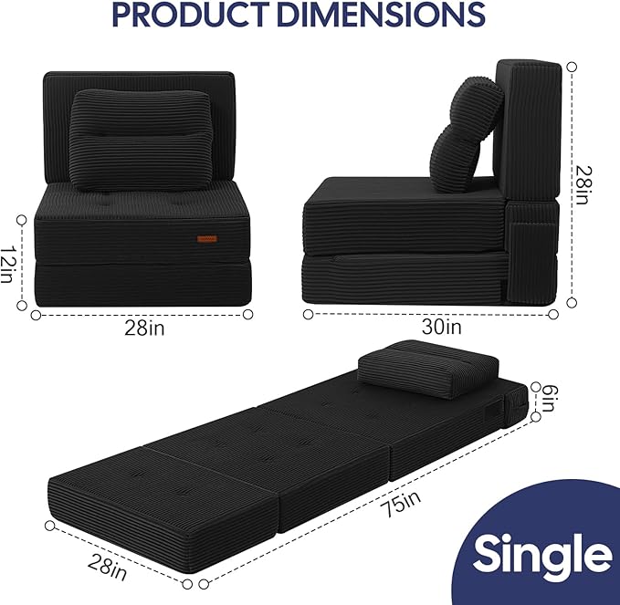 COMAX Folding Sofa Bed, Foldable Couch for Bedroom, Convertible Floor Sleeper Futon Chair Foam, Corduroy 3 in 1 Fold Out Chair Portable Comfy Lounge Couch Sofa Bed for Small Space, Single, Black