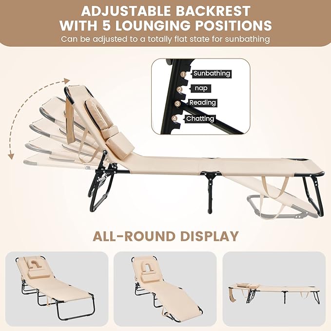 GYMAX Tanning Chair, 350lbs Beach Lounge Chair with Face Hole, Washable Pillow & Carry Strap, Adjustable Folding Chaise Lounge, Layout Lounger for Outside, Patio, Poolside, Lawn (1, Beige)