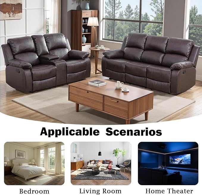 Caberryne 2 Pieces Leather Recliner Sofa Set，Recliner Sofa and Loveseat Sets for Living Room Furniture，Brown Reclining Couch with 4 Recliners for Living Room/Office/Theater Seating(Sofa Set 2 Pieces)