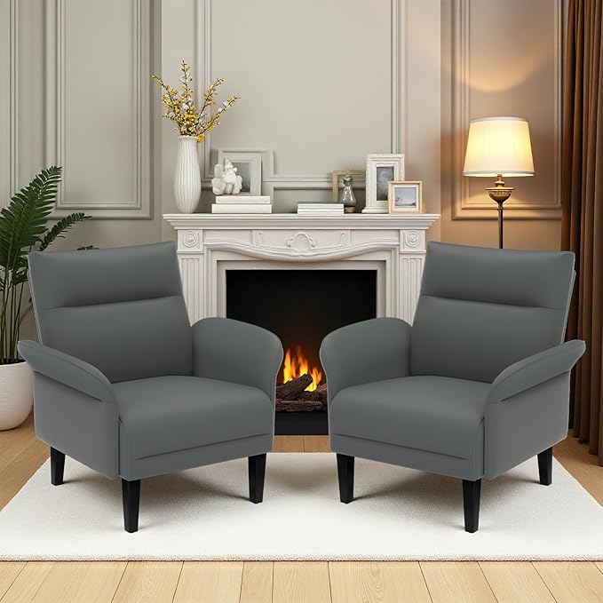 2-Pack Faux Leather Accent Sofas, Symmetrical Shawl Armchairs with Wide Armrests & Wooden Legs, Gray Sofa Chairs Set for Bedroom, Living Room, Compact Spaces