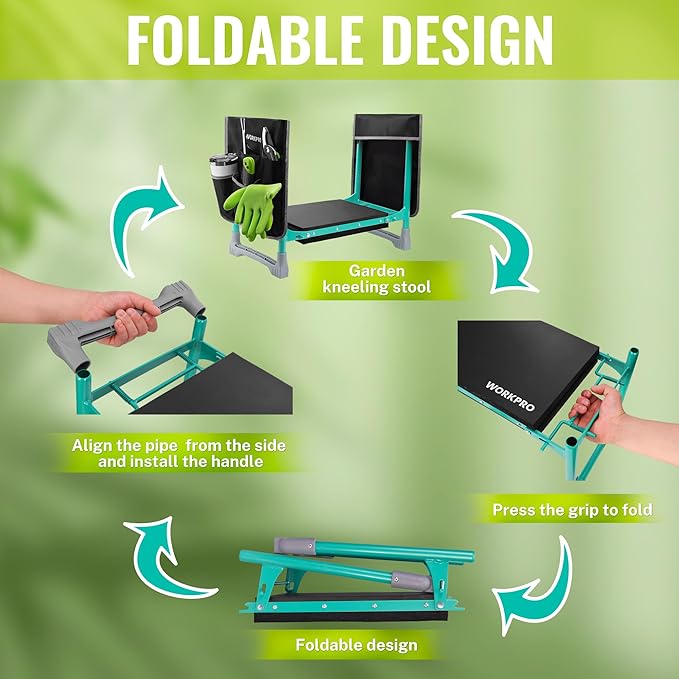 WORKPRO Garden Kneeler and Seat, 10" Wider Heavy Duty Foldable Gardener Stool with 2 Tool Bag Pouchs, NBR & EVA Foam Pad, Outdoor Portable Kneeler Bench for Gardening