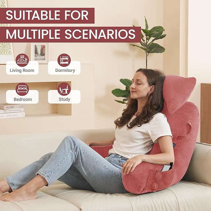 Unisakey Portable Reading Pillows with Headrest for Bed Sitting Up(Dark Pink Oeko-Tex), Velvet Back Pillow with Arms & Pockets for Adults, Support Memory Foam Bed Pillow for Dorm/Watching/Gaming