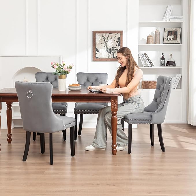 Kiztir Velvet Dining Chairs Set of 2, Upholstered Dining Chairs with Ring Pull Trim and Button Back, Luxury Tufted Dining Chair for Living Room, Bedroom, Kitchen (Gray)