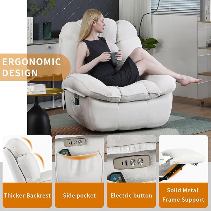 EDWELL Massage Swivel Recliner Chair, Oversized Rocker Recliner with Heated, Vibration Massage and Lumbar Heat Ergonomic Rocker Chair for Adults with Side Pocket, USB Charge Port, White