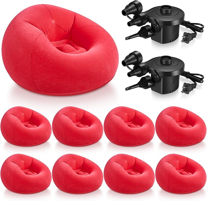 Realspring 9 Pcs Inflatable Bean Bag Chairs for Adults with Electric Air Pump, Blow up Couch Folding Portable Inflatable Couch Lazy Sofa for Outdoor Movie Nights Camping Room (Red)