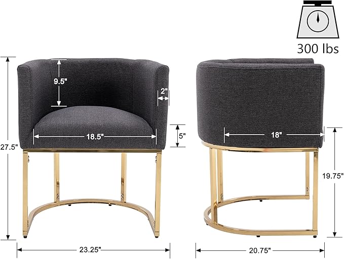 VESCASA Linen Upholstered Dining Chairs with Barrel Back, Mid Century Modern Padded Restaurant Chairs with Gold Metal Frame for Kitchen, Dining Room, Set of 4, Charcoal
