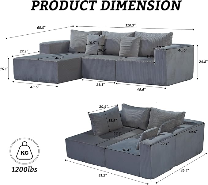 Modular Sectional Sofa,Oversized Cloud Sectional Couch with Deep Seat Modern Boneless L-Shape Lounge Sofa No Assembly Required with Pillows for Living Room Bedroom(Grey)