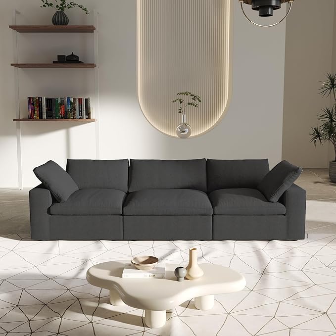 3 SeaterCloud Sectional Couch, Black Modular Sectional Sofa, Modern Comfy Sofa, Covers Removable, Convertible Sleeper Couch for Living Room Apartment (Linen Fabric)