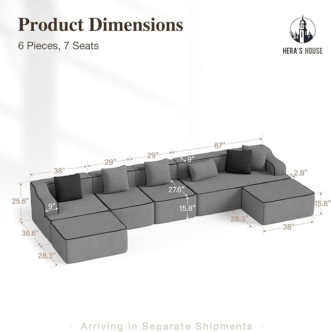 HERA'S HOUSE 163" Cloud Sectional Couch, Oversized U-Shaped Modular Upholstered Sofa with Ottomans, Corduroy Boneless Couches with 6 Throw Pillows for Living Room, No Assembly Required, Grey