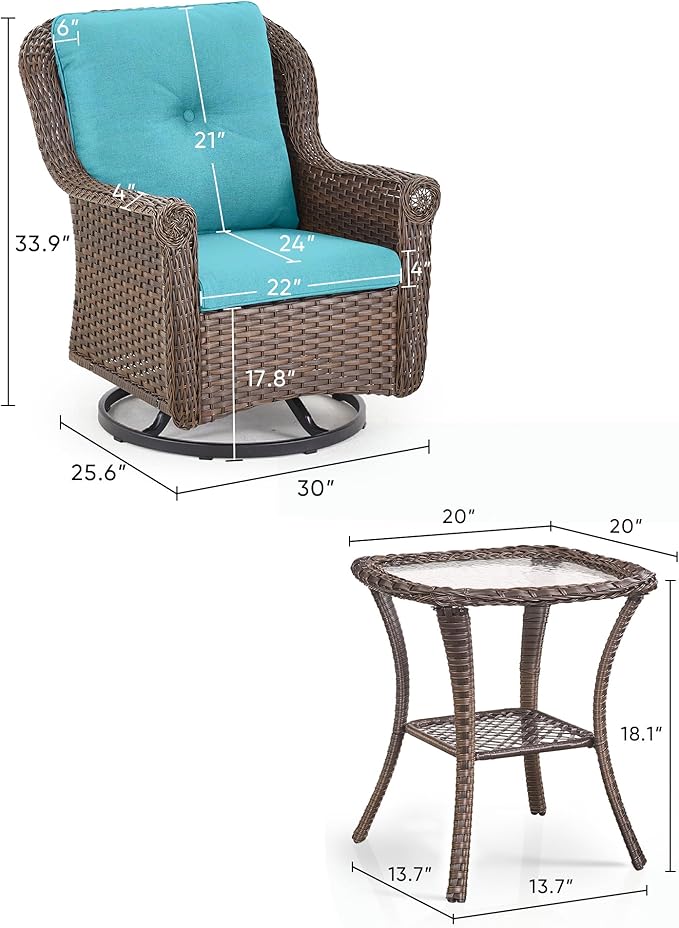 ACTREST 3 Piece Patio Swivel Chairs and Side Table Set - High Back Outdoor Brown Wicker Rattan Rocking Glider with Thick Cushions for Porch Apartment Deck Yard Poolside Garden - Turquoise
