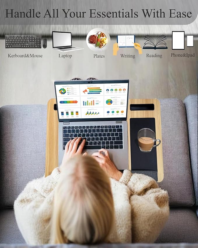 Lap Desk - Laptop Tray for Bed, Lapdesk with Cushion for Couch Sofa Fits up to 17” Laptop, Lap Table with Portable Handle,Tablet,Phone Slots,Mousepad with Foldable Metal Device Stand(Light Brown)