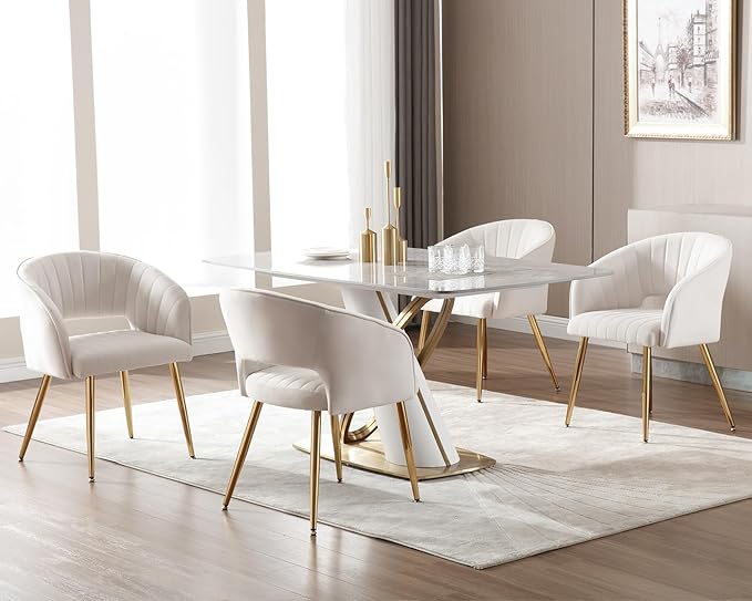 KCC Modern Accent Dining Chairs Set of 2, Upholstered Velvet Dining Room Chairs with Hollow Back, Tufted Kitchen Chairs Side Chairs with Gold Metal Legs for Living Room Restaurant, Cream