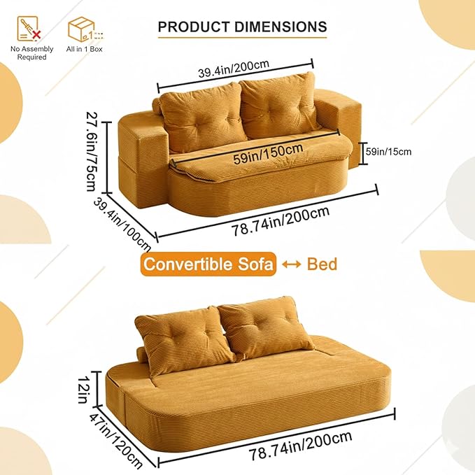 78.7" Convertible Sofa Bed Couch, Corduroy Upholstered Boneless Futon Loveseat Sleeper, Foldable Floor Sofa Chair with Pillows, Chaise Lounge for Living Room Bedroom Apartment, No Assembly Needed
