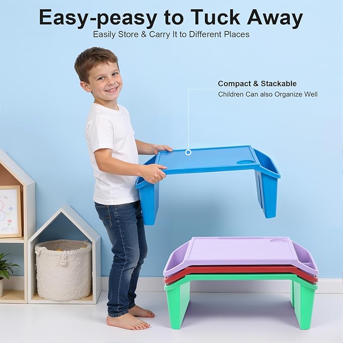 Mind Reader Kids Lap Desk, 4 PCS Kids Lap Desk Bulk Tray Lap, Portable Activity Tray with Side Storage, Stackable Plastic Desk Table for Students Drawing, Snacks, Study (Colorful, Large)
