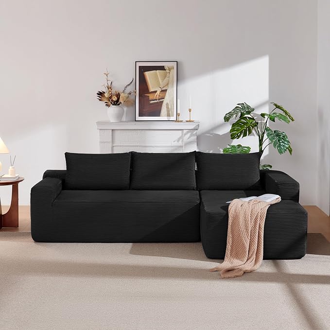 Vanress 97" Cloud Couch Sectional, Corduroy Boneless Couch with L-Shape Chaise,Modern Modular Sectional Sofa Comfy Deep Seat for Living Room, Bedroom, No Assembly (Black, Right Facing Chaise)