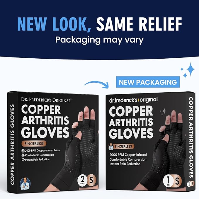 Dr. Frederick's Original Copper Compression Arthritis Gloves - Doctor-Developed Hand Pain Relief for Arthritis, Carpal Tunnel & Tendonitis - All-Day Comfort, Typing & Daily Use - Fingerless, Small