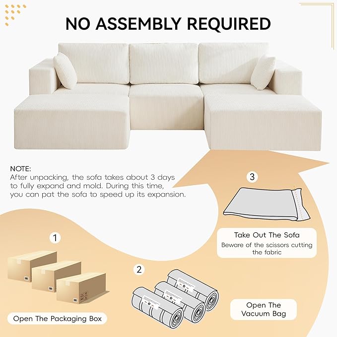 115'' U Shaped Boneless Sofa Couch, 3 Seater Modular Sectional Sofa with 2 Moveable Ottoman, Corduroy Convertible Sleeper Couch with Chaise for Living Room, Beige