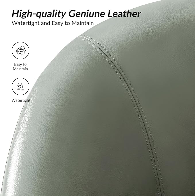 HULALA HOME Genuine Leather Swivel Accent Chair with Solid Wood Base, Round Swivel Barrel Chair for Living Room and Bedroom, Sage