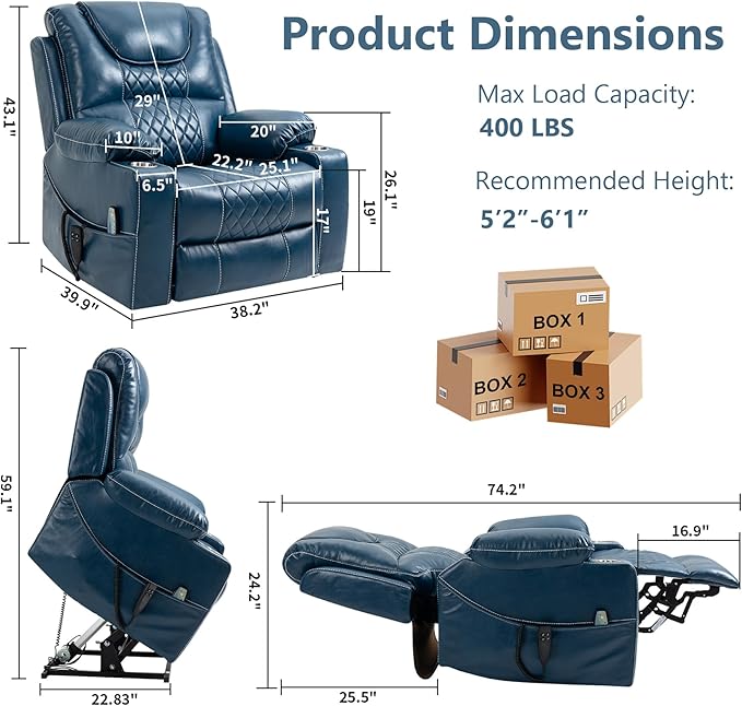 Oversized Power Lift Recliner Chair 400 LBS for Big and Tall, 25" Extra Wide Electirc Recliner Chair Living Room Sofa with Massage and Heating, Dual Motor Leather Home Theater Seat,Blue