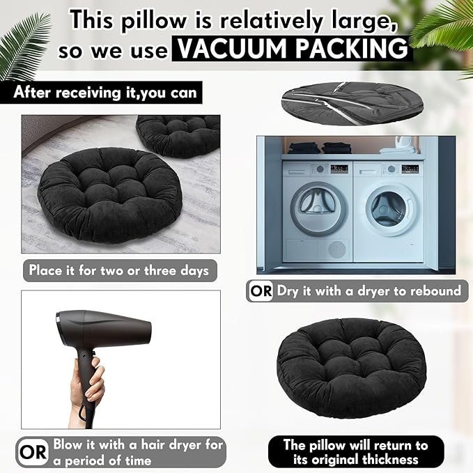 Jerify 2 Pcs Floor Pillow Cushions 22 x 22 Inch Round Square Large Meditation Floor Pillow for Classroom Adult Meditation Picnic Party Seating Learning Daycare School (Round,Black)
