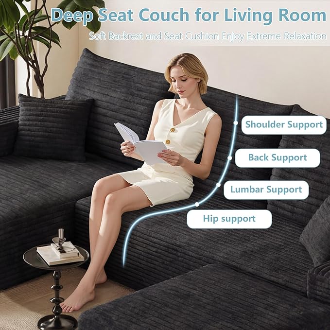 95" Cloud Sectional Couch with Ottoman,Modern U-Shaped Cloud Couch with Deep Seat,Comfy Corduroy 3-Seater Sofa,Memory Foam Sofa for Living Room,No Assembly (Black,Left-Facing Chaise)