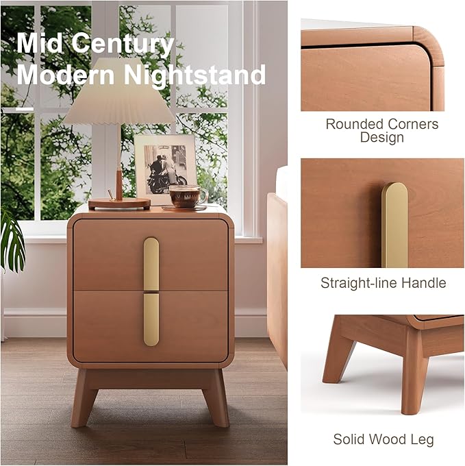 Mid Century Modern Bedroom Sets, 5 Drawer Dresser and Nightstand Sets for Bedroom, Night Stand Set 2 & 5 Drawer Dresser with Gold Handles, Wood Chest of Drawers Storage Cabinet Set, Cherry