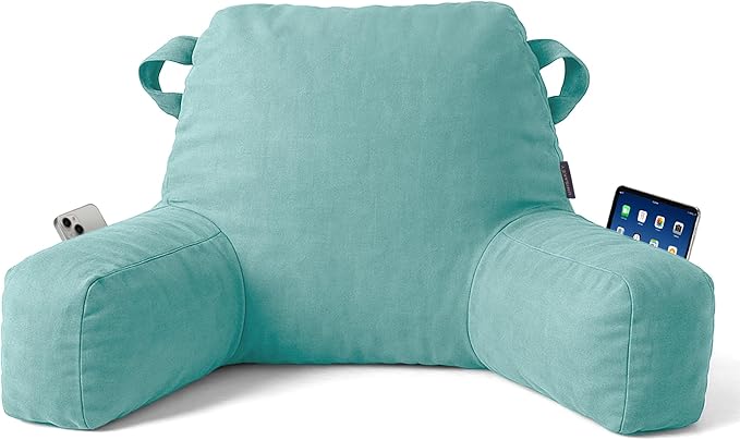 Unisakey Portable Comfy Reading Pillows for Bed Sitting Up(Lake Blue Oeko-Tex), Velvet Back Pillow with Arms & Pockets for Adults, Support Memory Foam Bed Pillow for Dorm/Reading/Watching/Gaming