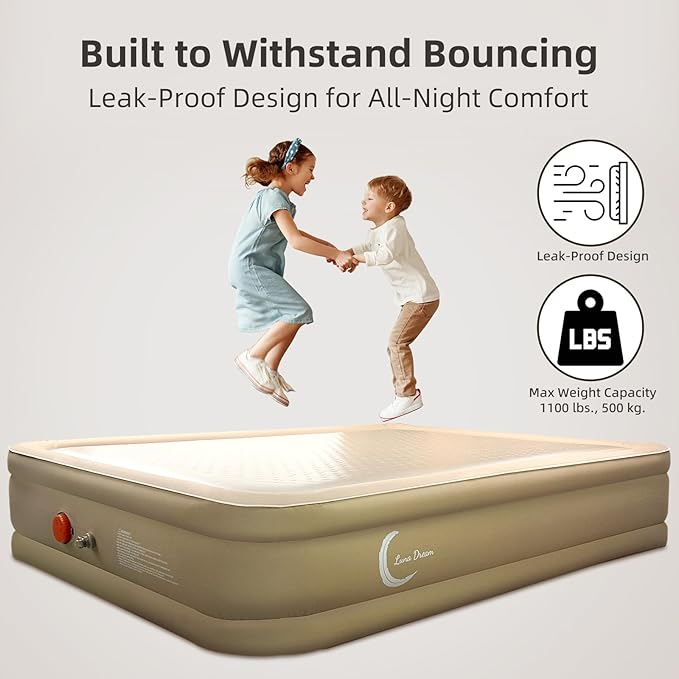 LunaDream King Air Mattress with USB Rechargeable Built-in Pump, Wireless Inflatable Airbed, FlexWeave Tech for 1100 lbs Enhanced Support, Portable for Home & Camping, Leak Proof Design, Carry Bag