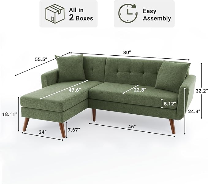 Tbfit L Shaped Couch Sofa, 80" W Mid-Century Modern Sectional Couches, 3 Seater Sofas with Wide Chaise Lounge, Button Tufted Upholstered Sectional Sofa for Living Room, Bedroom, Green | linen fabric, button tufted, solid wood foot, pocket spring, wood ...
