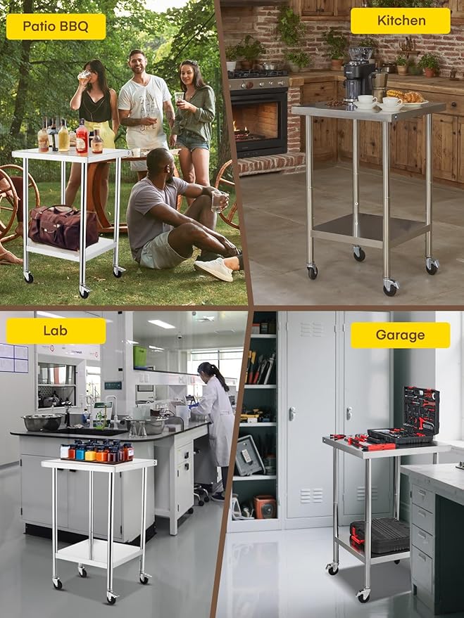 FOHERE Stainless Steel Table, Prep Table W/4 Caster Wheels, 400 LBS Load Capacity，NSF Commercial for Restaurant, Home and Hotel (24×24 in)