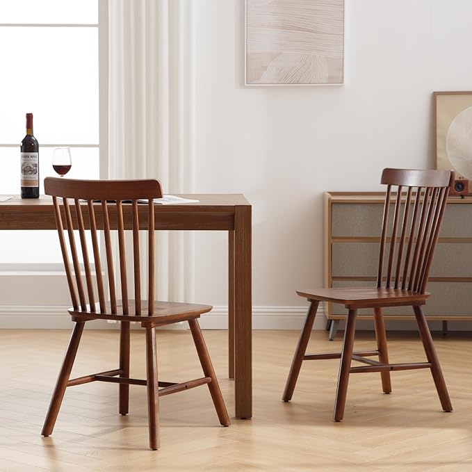 LZAREAL Farmhouse Dining Chairs Set of 2 Wooden Kitchen Chairs Mid Century Modern Spindle Chair French Country Windsor Dining Chairs for Dinning Room Kitchen Restaurant Bar Canteen Library, Walnut