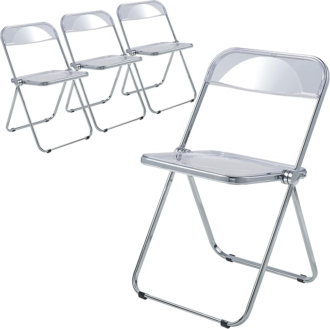 LeisureMod Lawrence Modern Clear Acrylic Folding Chair with Metal Frame, Space-Saving Transparent Seating for Dining Room, Home Office, Bedroom, Vanity or Small Spaces, (Clear, Set of 4)