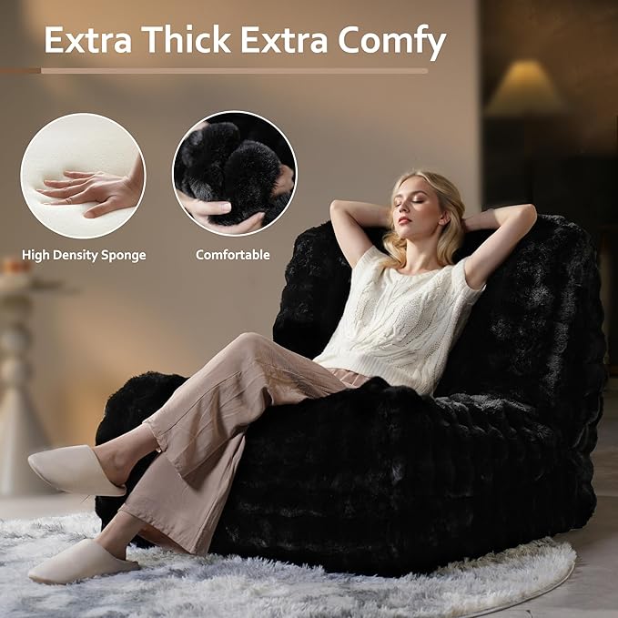 HOOOWOOO Giant Bean Bag Chair,Fireside Floor Beanbag Chair for Adult Kids,Comfy Single Sofa Couch for Bedroom,Living Room,Office (Black, Standard)