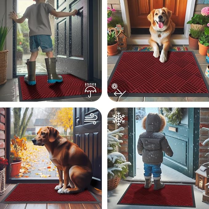 Smiry Front Door Mat Outside Entrance, Heavy Duty Outdoor Indoor Mat, Natural Rubber Doormat, Non Slip, Trap Dirt and Moisture, Easy Clean, Low Profile Patio Porch Entryway Mat, 59x35, Wine Red