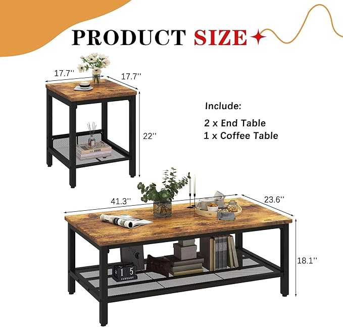 AWQM Coffee Table Industrial Coffee Table with 2 Square End Side Tables, Modern Living Room Table Set with Metal Frame for Apartment Home Office, Rustic Brown Set001