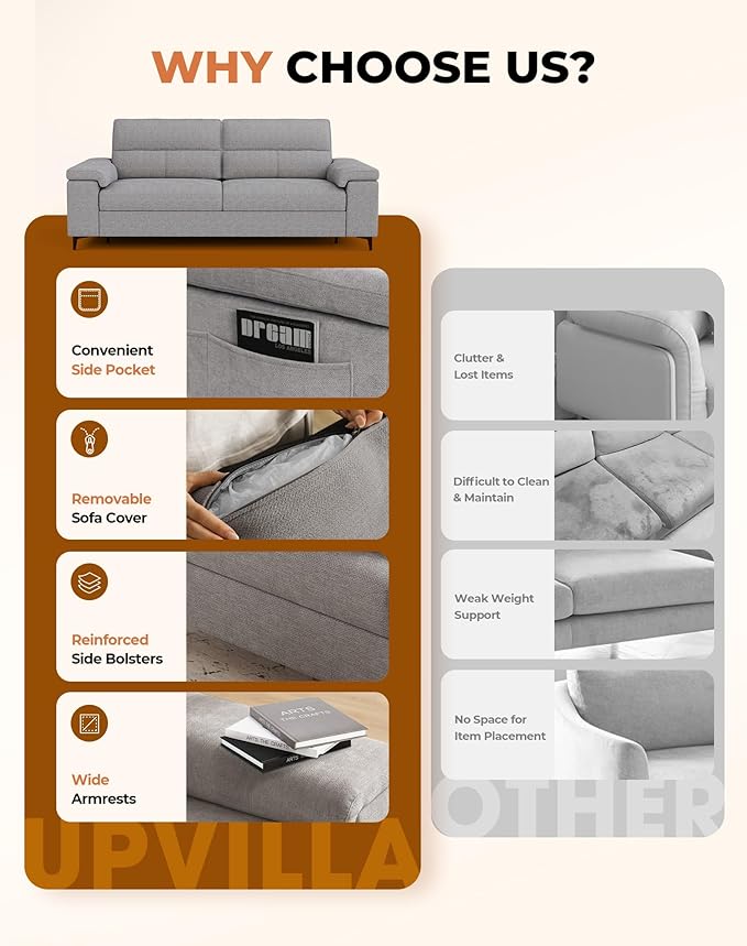 Upvilla 88.97" Modern Sofa Couches for Living Room, Deep Seat Sofas with 8”Cushion, Comfy 2-Seater Chenille Loveseat with Convertible Armrest, Removable Sofa Cover, High Leg(Light Gray)