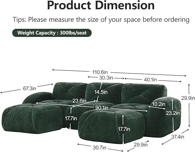 Modular Sectional Sofa with Free Combination,Boneless Floor Couch for Living Room & Lounge,Velvet 3-Seater Sectional Couch with 2 Ottomans,No Assembly Needed