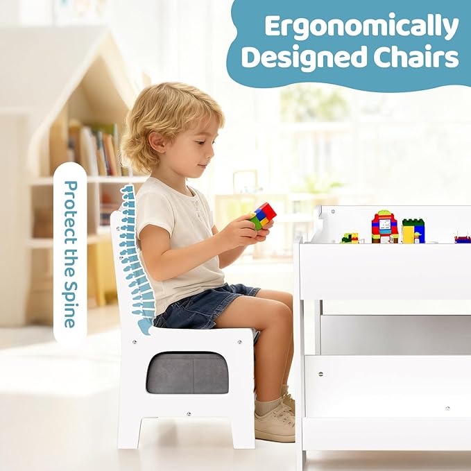 Arlopu Kids Table and Chairs Set, 4 in 1 Toddler Art Desk with Storage Drawer, Wooden Activity Deskboard, Blackboard, Reversible & Detachable Tabletop, Bookshelf for Drawing, Reading (Grey & White)