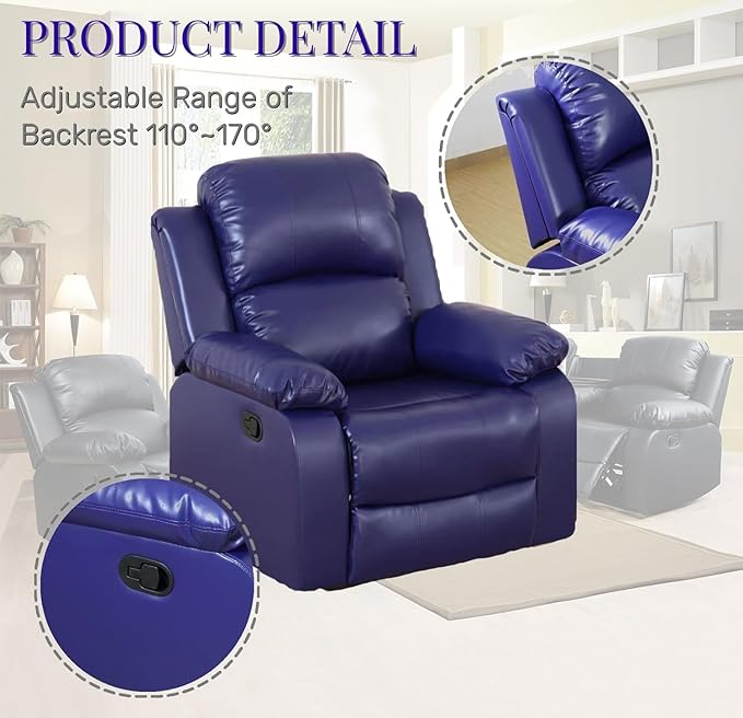 Caberryne Leather Recliner Chair for Living Room Furniture Set,Blue Leather Reclining Couch for Small Space/Rv, Wall Hugger Single Recliner/Home Theater Seating for House/Office(Chair)
