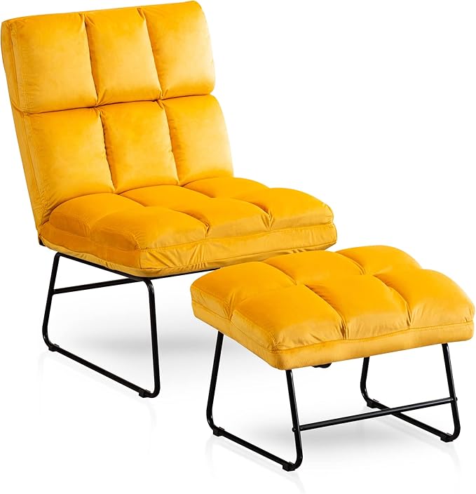 MCombo Velvet Accent Chair with Ottoman Set, Modern Armless Chair for Living Room, Bedroom, Small Space 0014 (Velvet, Yellow)