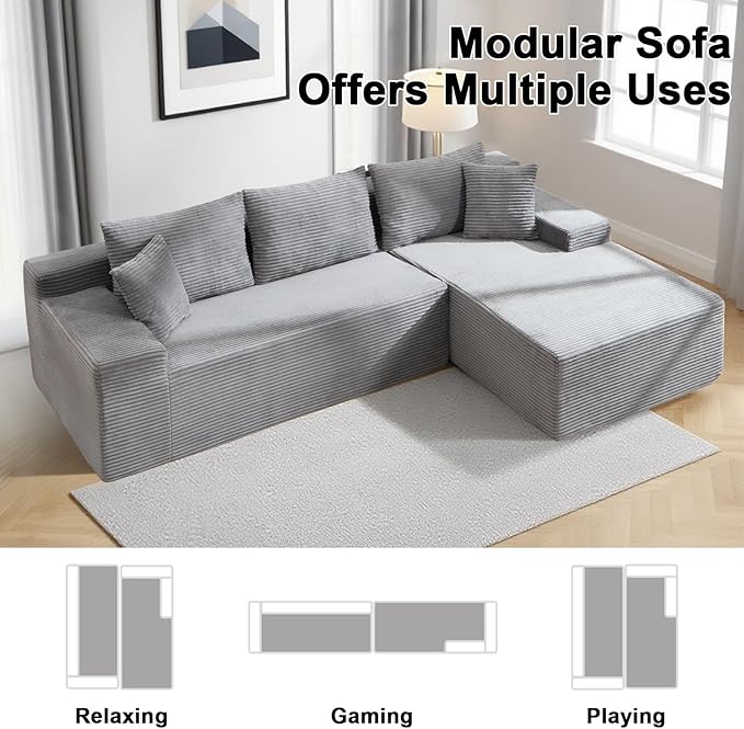 105" Cloud Modular Sectional Couch with L-Shape Chaise, Upholstered Corduroy Couches for Living Room, No Assembly Required Deep Seat Boneless Sofa