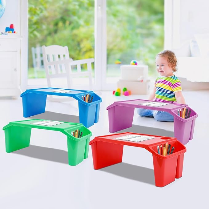 Kids Lap Desk Tray with Side Pockets, Plastic Breakfast Laptop Trays Kids Activity Lap Desk Tray Portable Bed Table Lap Desk for Kids Students Work Study School Classroom (4Pcs, 4 Color A)