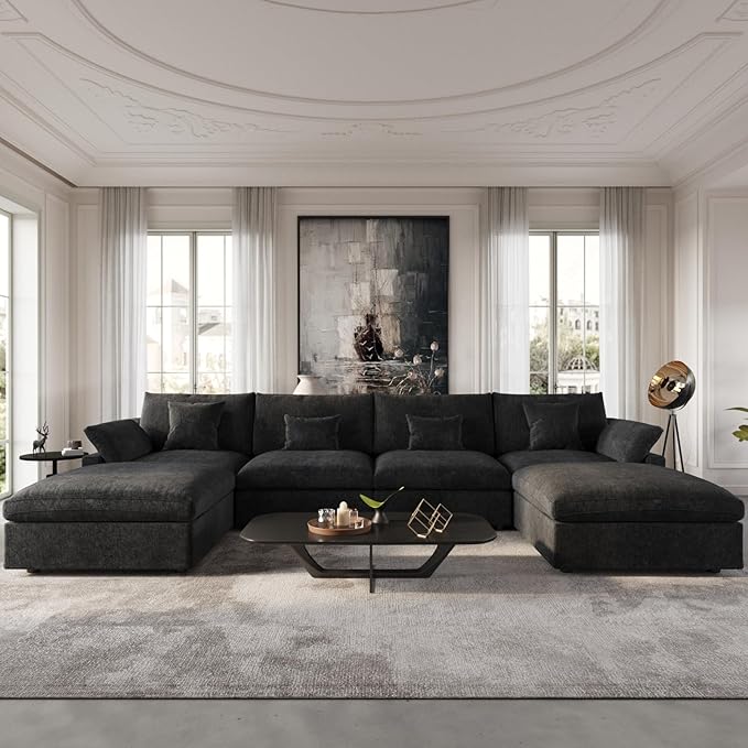 Cloud Couch Modular Sectional Sofa,156" U Shaped Large Down Filled Convertible Modular Sofa Couch with Ottomans for Living Room Set,Covers Washable&Replaceable(Black)