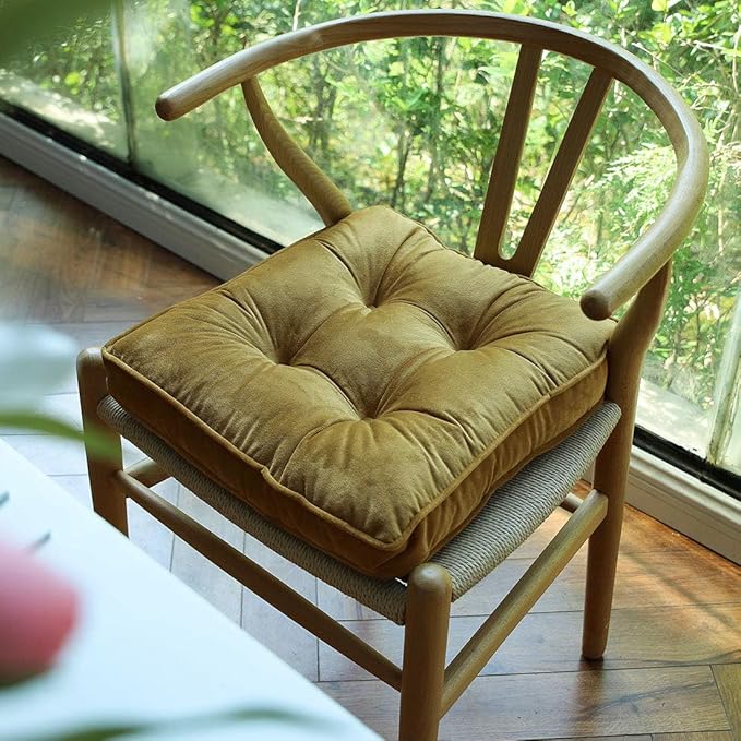 vctops Soft Velvet Chair Pads with Ties Comfy Solid Seat Cushion for Dining Chairs, Office Chairs, Hardwood Floors (Gold Yellow, 16"x16")