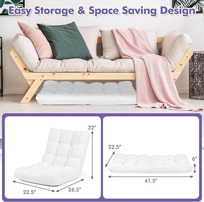 GOFLAME 14-Position Folding Floor Chair, Padded Gaming Lazy Sofa Chair with Adjustable Backrest, Couch Recliner, Sleeper Bed Lounge Chair for Reading, Gaming, Meditating (White)