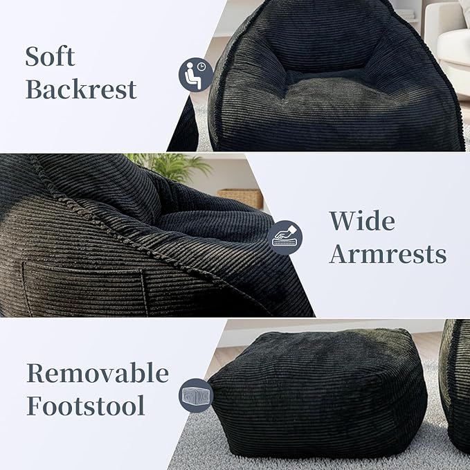 Ultra Soft Bean Bag Chair for Adults with Ottoman, Oversized Floor Sofa for Living Room, Gaming, Lounging, Napping (Black)