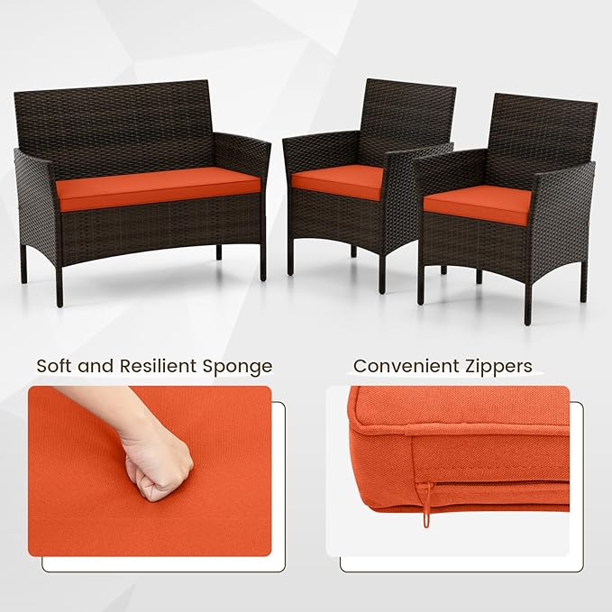 HAPPYGRILL 4 Pieces Outdoor Rattan Conversation Set, Patio Wicker Furniture Set with Loveseat Chairs & Tempered Glass Coffee Table, Outside Sectional Sofa Set for Backyard Garden Poolside, Orange
