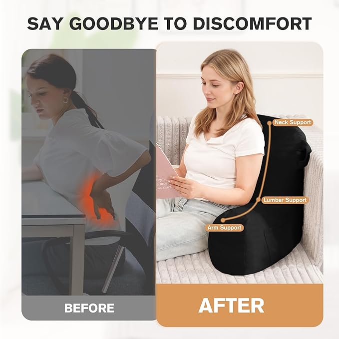 Unisakey Portable Comfy Reading Pillows for Bed Sitting Up(Black Oeko-Tex), Velvet Back Pillow with Arms & Pockets for Adults, Support Memory Foam Bed Pillow for Dorm/Reading/Watching/Gaming