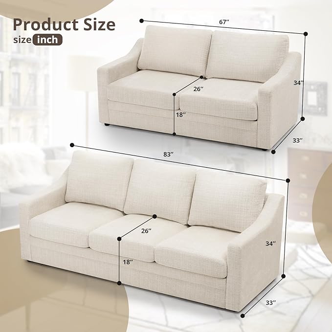 ACMEASE 2 Pieces Chenille Sofa Sets w/Comfortable Back Cushions, Upholstered Loveseat & Sofa w/Deep Seat Space, Modern 2 Seat & 3 Seats Couch Sets w/High Resiliency Foam for Living Room, Office, Beige