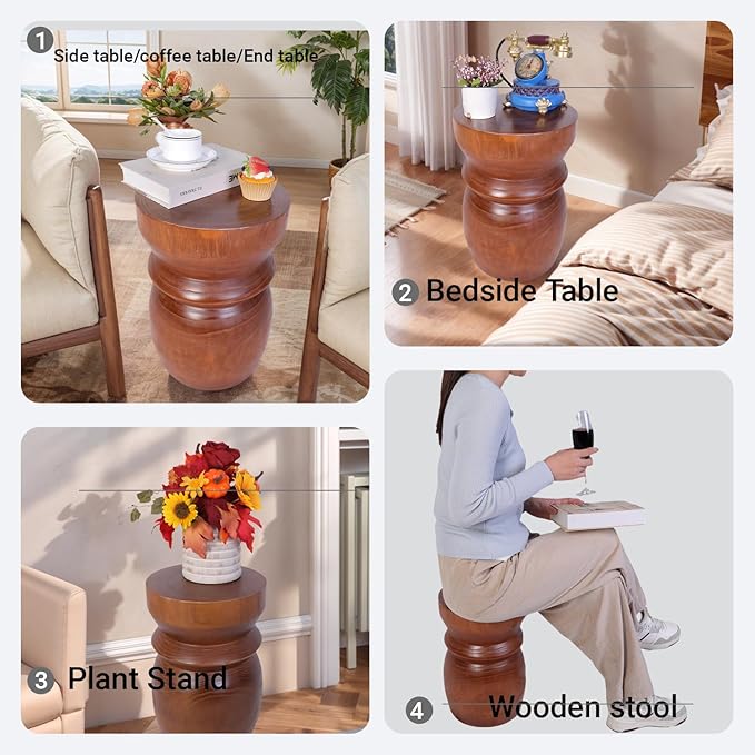 Athaliah Small Tree Stump Side Table Nightstand – 15.75”H Solid Paulownia Wood End Table, Lightweight Rustic Accent Stool, Natural Wood Plant Stand for Living Room, Bedroom & Small Spaces